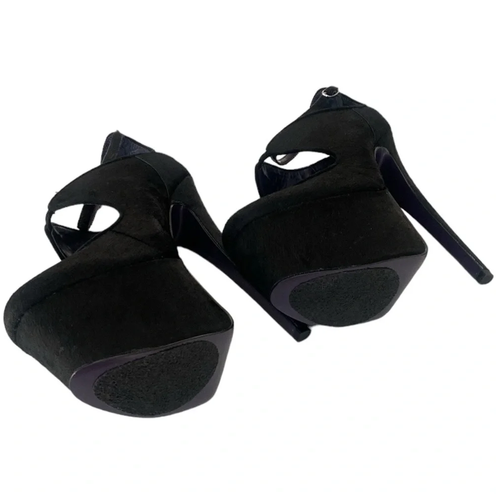 London Trash Candy Black Leather Fur Stiletto Platform Heels